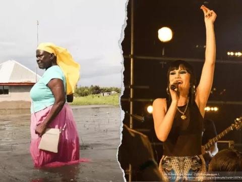 Jessie J photo juxtaposed with woman impacted by climate